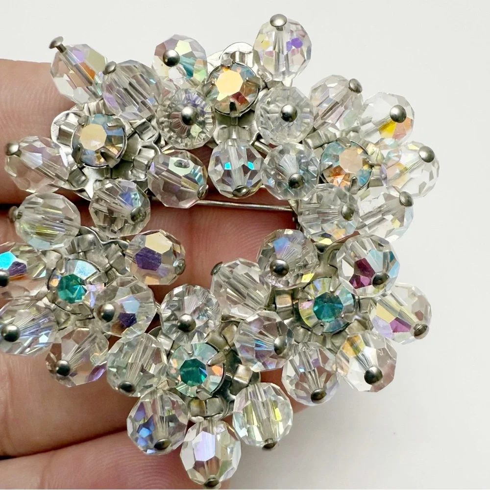 Vintage AB Rhinestone Clear Glass Beaded Cha Cha Round Brooch Pin